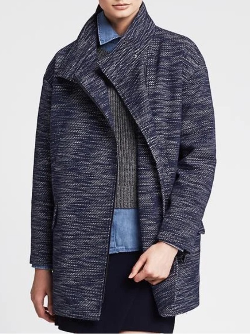 BANANA REPUBLIC XL Textured Blue Cocoon Winter Coat Blue Tweed Preppy Academia